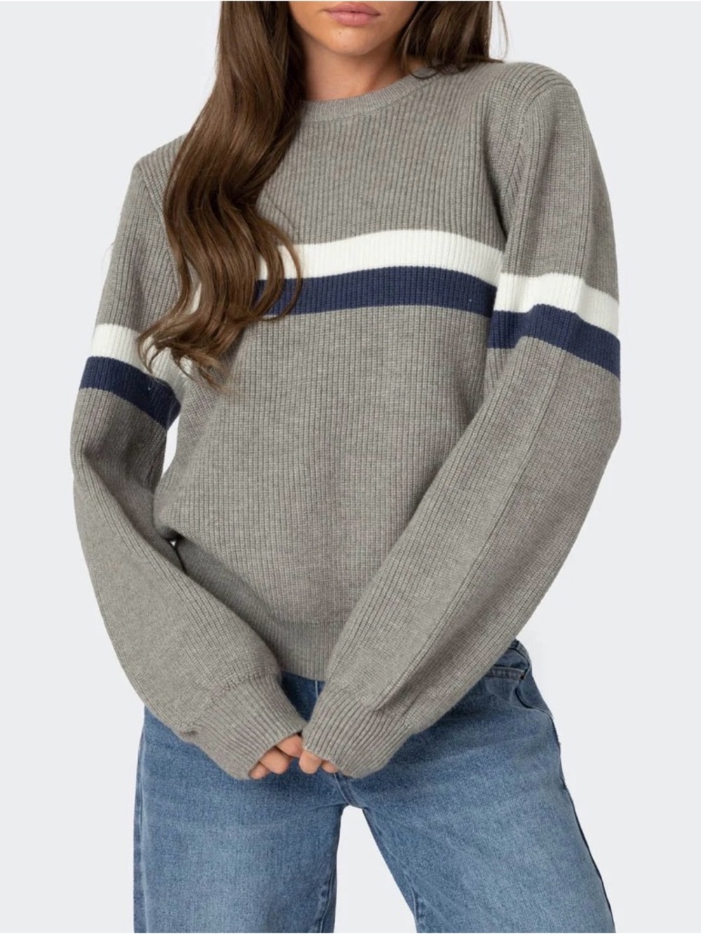 Edikted Gray Crewneck Sweater with White and Navy Stripe